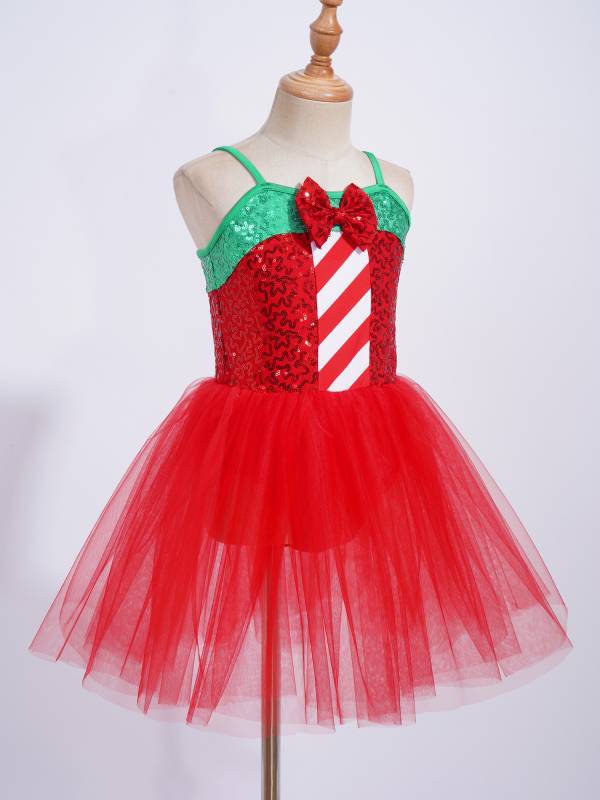 Kids Girls Christmas Sleeveless Sequins Bow Stripes Mesh Tutu Dress thumb