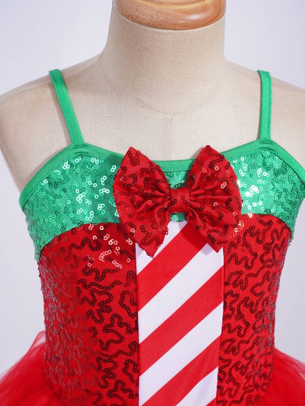 Kids Girls Christmas Sleeveless Sequins Bow Stripes Mesh Tutu Dress thumb