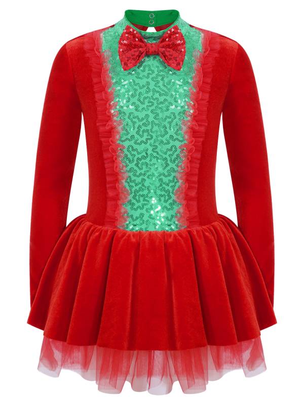 Kids Girls Christmas Long Sleeve Bow Sequins Tutu Dress thumb