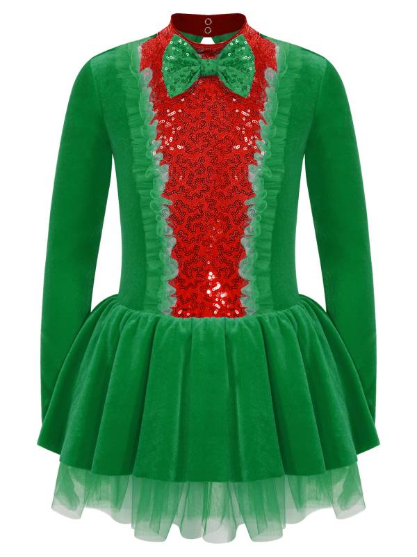 Kids Girls Christmas Long Sleeve Bow Sequins Tutu Dress thumb