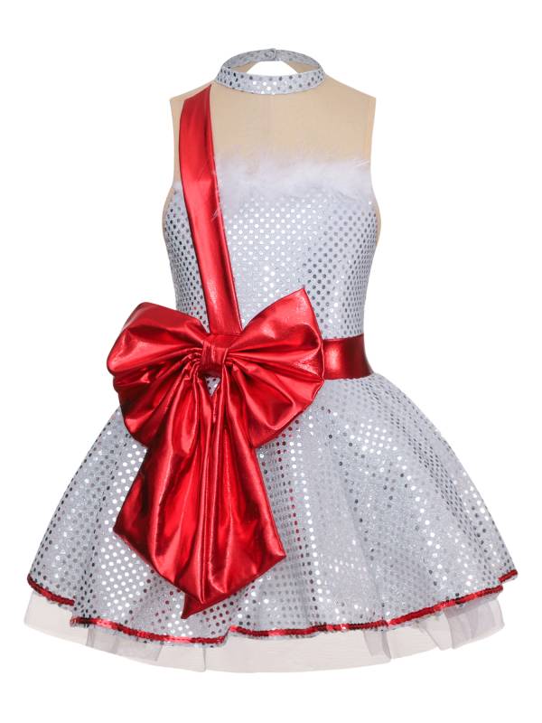 Kids Girls Christmas Sleeveless Mesh Bowknot Sequins Dance Leotard Dress thumb