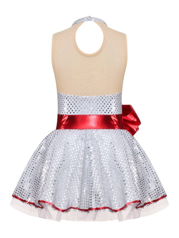 Kids Girls Christmas Sleeveless Mesh Bowknot Sequins Dance Leotard Dress thumb