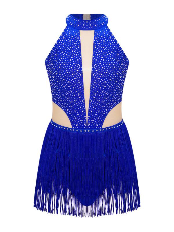 Kids Girls Sparkly Rhinestone Sleeveless Tassel Latin Dance Leotard thumb