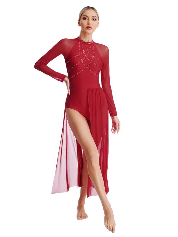 Women Rhinestones Long Sleeve Lyrical Dance Leotard Maxi Dresses thumb