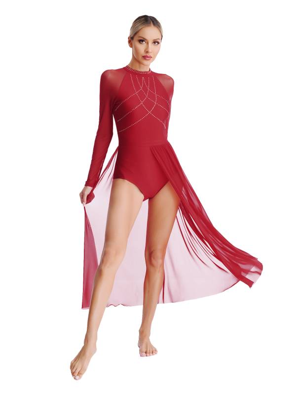 Women Rhinestones Long Sleeve Lyrical Dance Leotard Maxi Dresses thumb