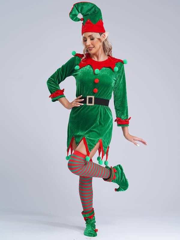 Women 6pcs Christmas Long Sleeve Pompom Dress with Stockings Elf Costume Sets thumb