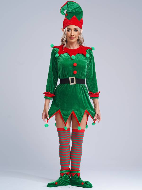 Women 6pcs Christmas Long Sleeve Pompom Dress with Stockings Elf Costume Sets thumb