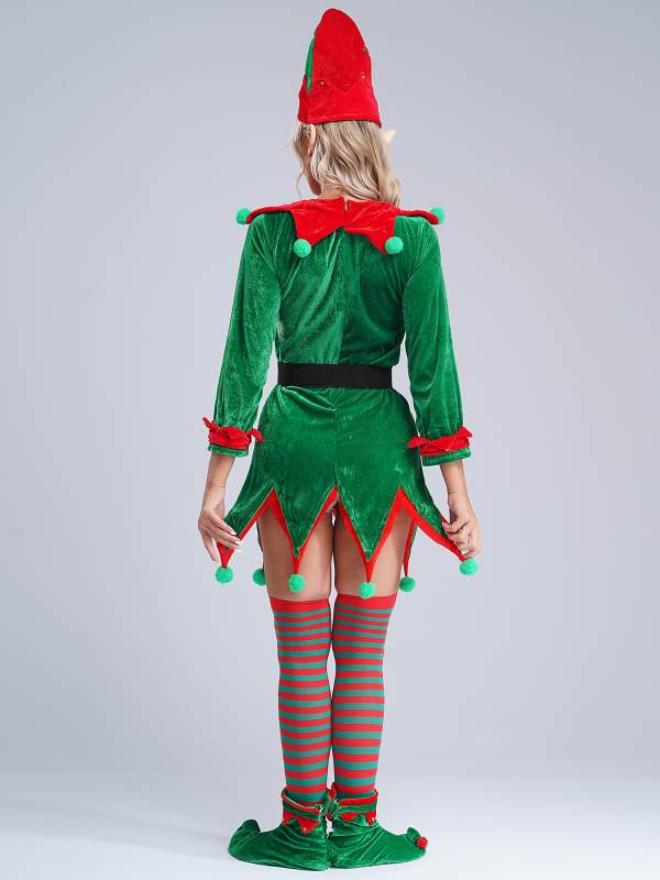 Women 6pcs Christmas Long Sleeve Pompom Dress with Stockings Elf Costume Sets thumb