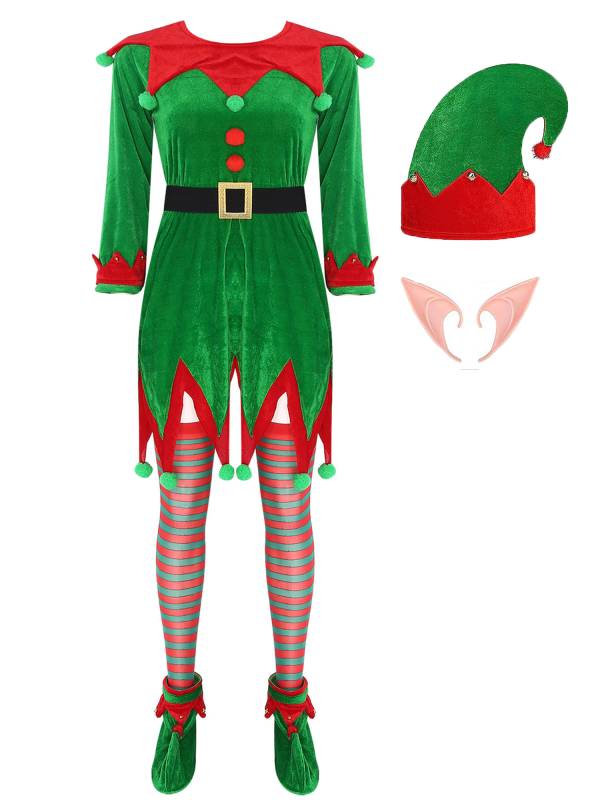 Women 6pcs Christmas Long Sleeve Pompom Dress with Stockings Elf Costume Sets thumb