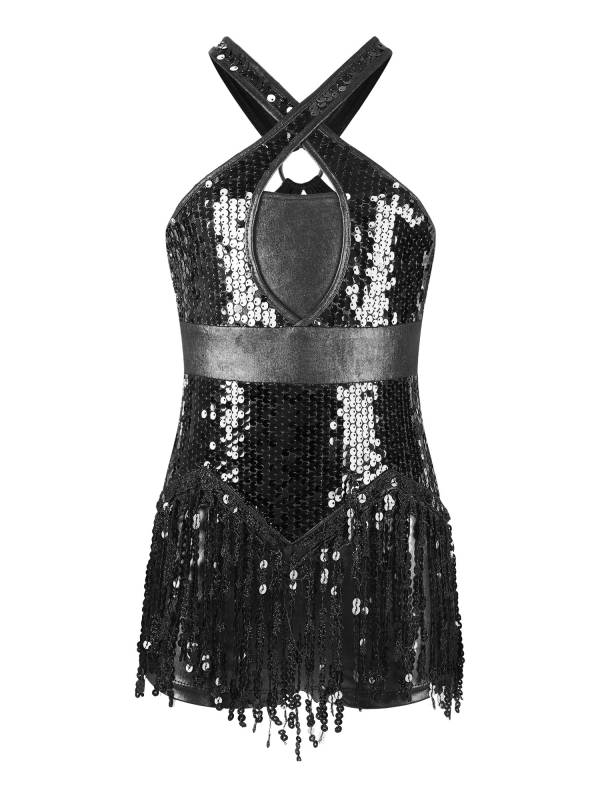 Kids Girls Sleeveless Sequins Tassel Criss Cross Latin Dance Cha-Cha Leotard thumb