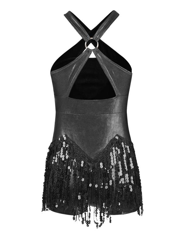 Kids Girls Sleeveless Sequins Tassel Criss Cross Latin Dance Cha-Cha Leotard thumb