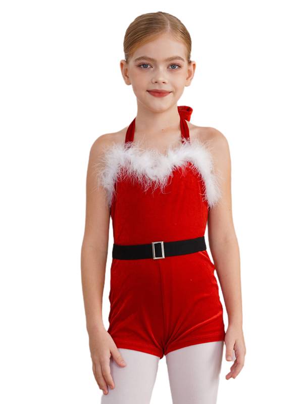 Kids Girls Christmas Santa Claus Halter Neck Sleeveless Velvet Romper with Belt thumb