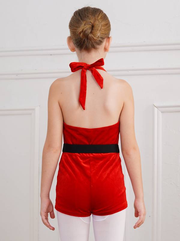 Kids Girls Christmas Santa Claus Halter Neck Sleeveless Velvet Romper with Belt thumb