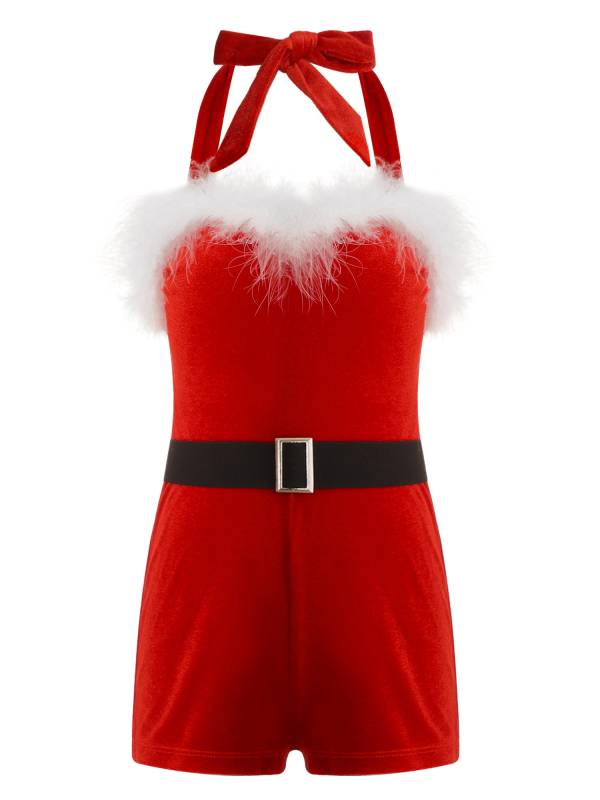 Kids Girls Christmas Santa Claus Halter Neck Sleeveless Velvet Romper with Belt thumb