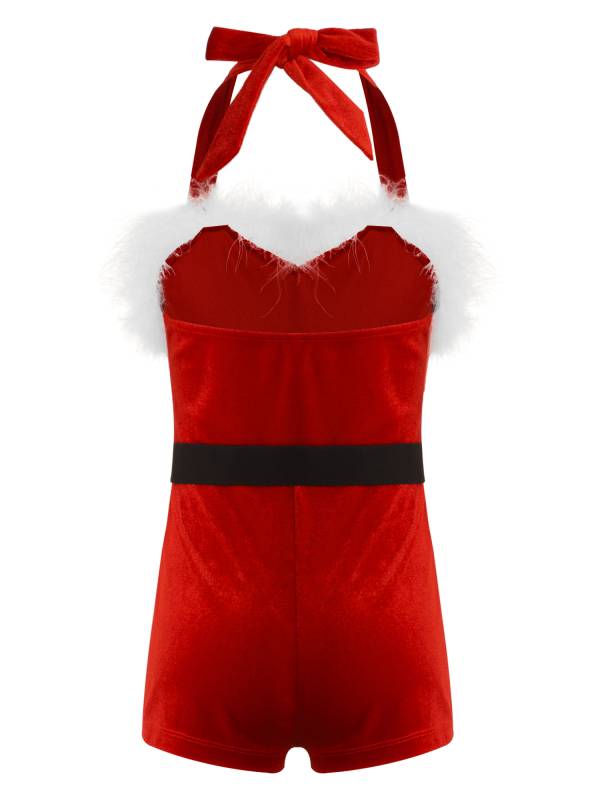 Kids Girls Christmas Santa Claus Halter Neck Sleeveless Velvet Romper with Belt thumb