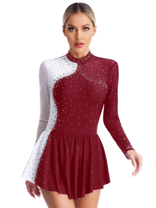 Women Long Sleeve Sparkly Rhinestone Figure Skating Leotard Dress thumb