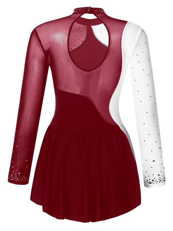 Women Long Sleeve Sparkly Rhinestone Figure Skating Leotard Dress thumb