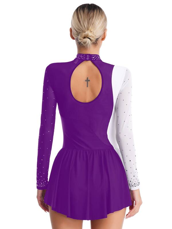 Women Long Sleeve Sparkly Rhinestone Figure Skating Leotard Dress thumb