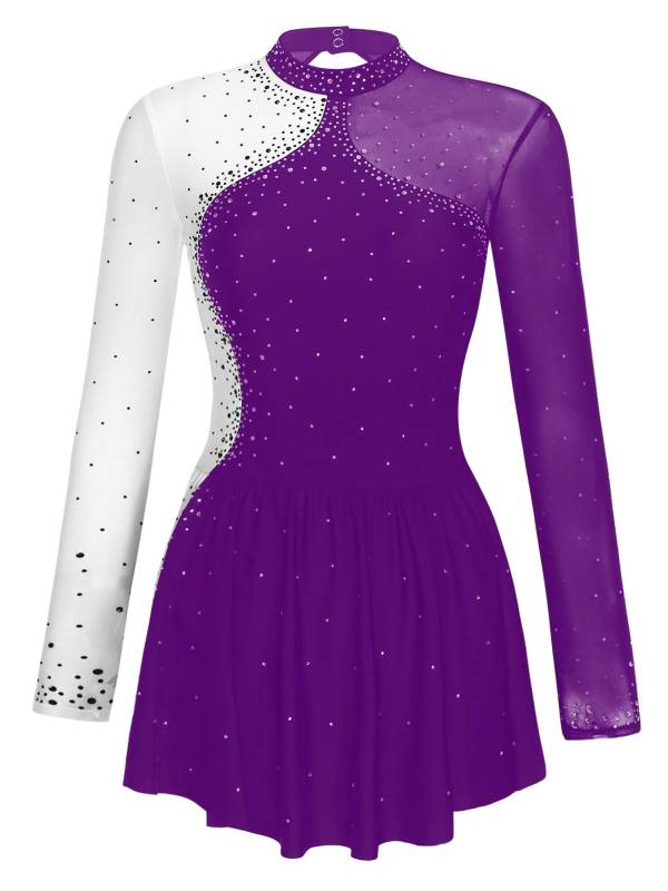 Women Long Sleeve Sparkly Rhinestone Figure Skating Leotard Dress thumb