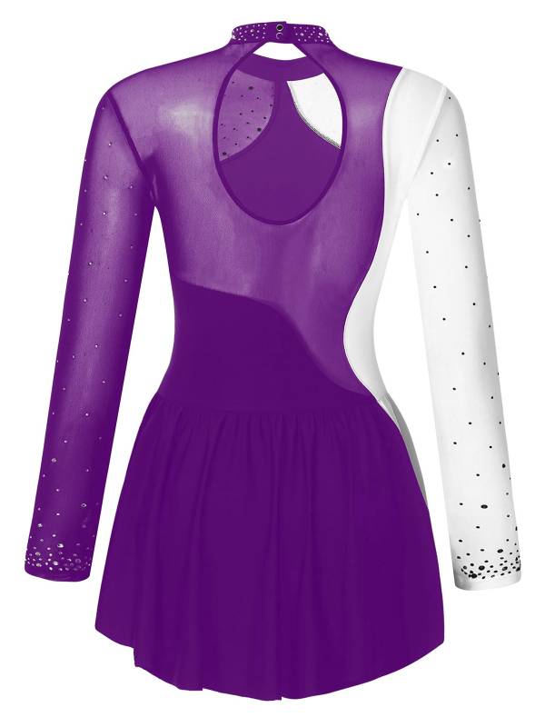 Women Long Sleeve Sparkly Rhinestone Figure Skating Leotard Dress thumb