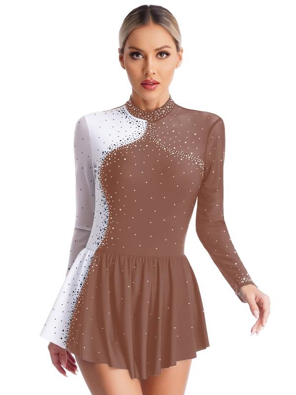 Women Long Sleeve Sparkly Rhinestone Figure Skating Leotard Dress thumb