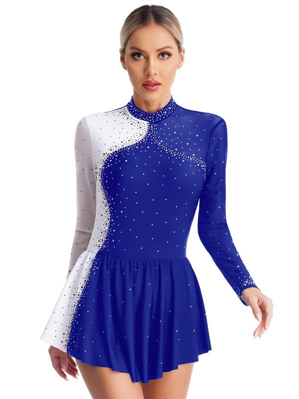 Women Long Sleeve Sparkly Rhinestone Figure Skating Leotard Dress thumb