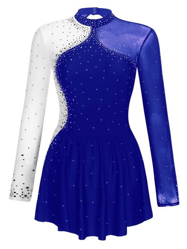 Women Long Sleeve Sparkly Rhinestone Figure Skating Leotard Dress thumb