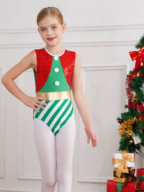 Kids Girls Christmas Sleeveless Hollow Back Sequins Stripes Bodysuit thumb