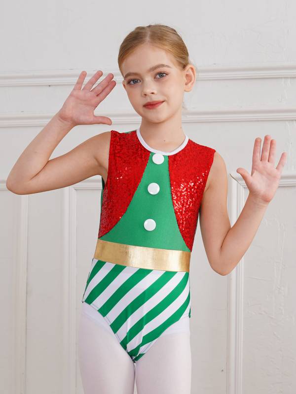 Kids Girls Christmas Sleeveless Hollow Back Sequins Stripes Bodysuit thumb