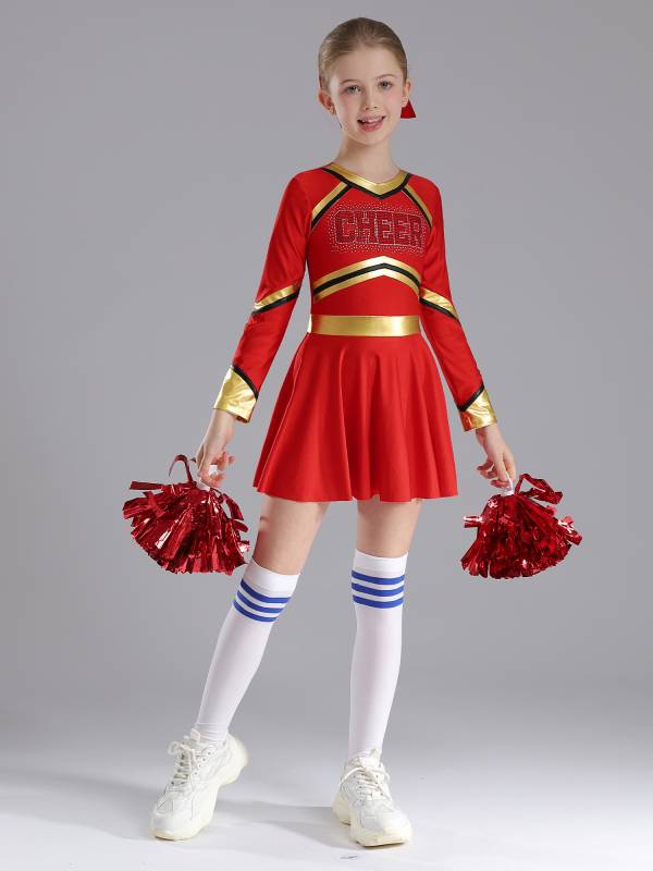 Kids Girls V Neck Long Sleeve Metallic Cheerleading Dress with Flower Balls thumb