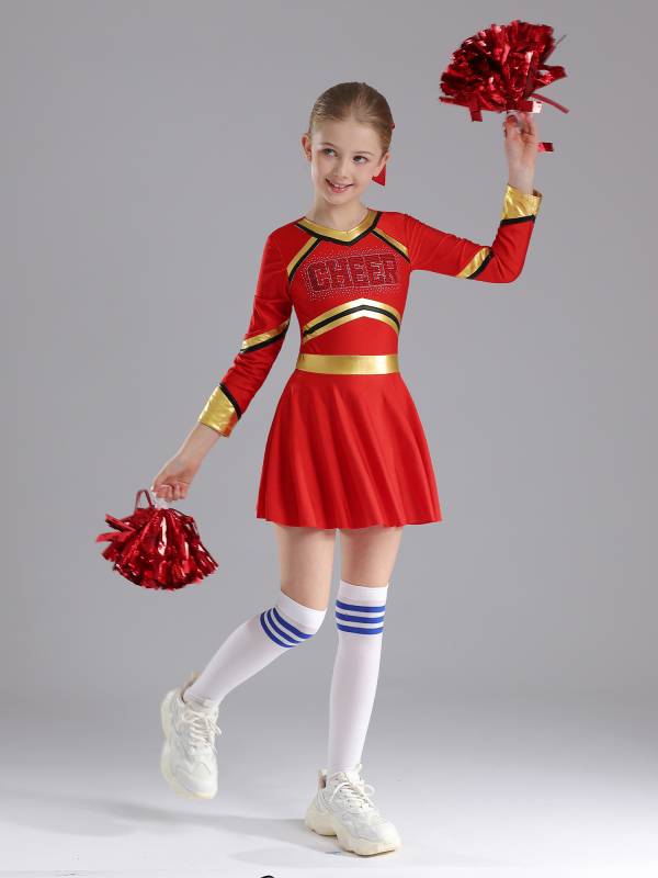 Kids Girls V Neck Long Sleeve Metallic Cheerleading Dress with Flower Balls thumb