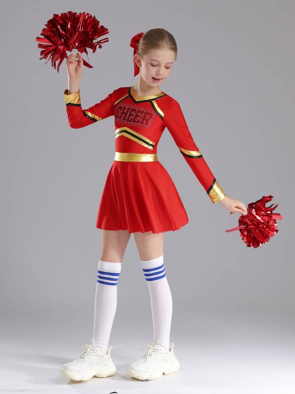 Kids Girls V Neck Long Sleeve Metallic Cheerleading Dress with Flower Balls thumb