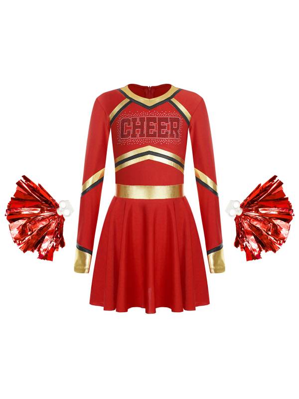 Kids Girls V Neck Long Sleeve Metallic Cheerleading Dress with Flower Balls thumb