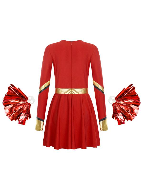 Kids Girls V Neck Long Sleeve Metallic Cheerleading Dress with Flower Balls thumb