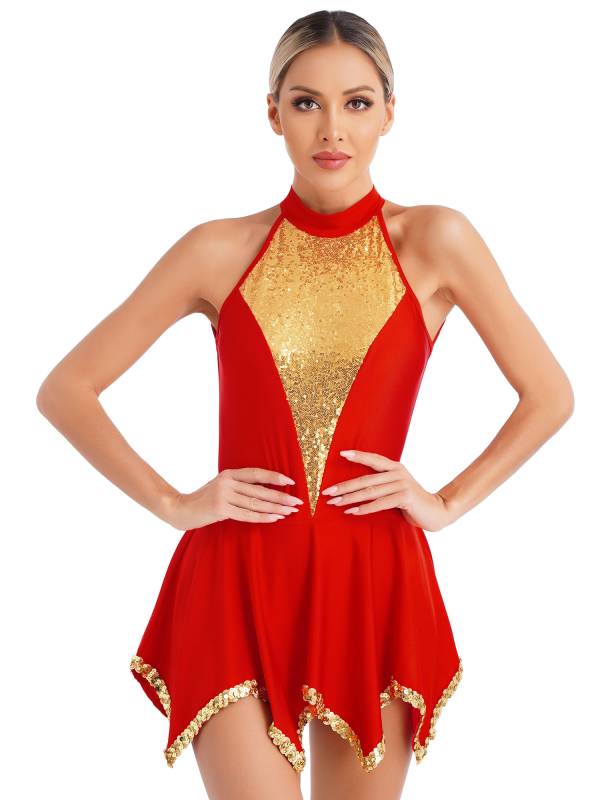 Women Sequin Halter Neck Sleeveless Latin Dance Leotard Dress thumb