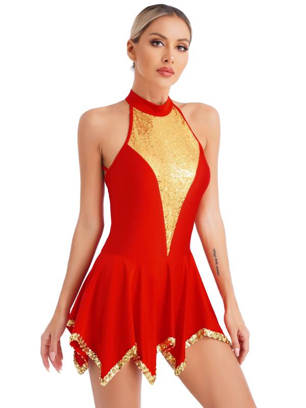 Women Sequin Halter Neck Sleeveless Latin Dance Leotard Dress thumb