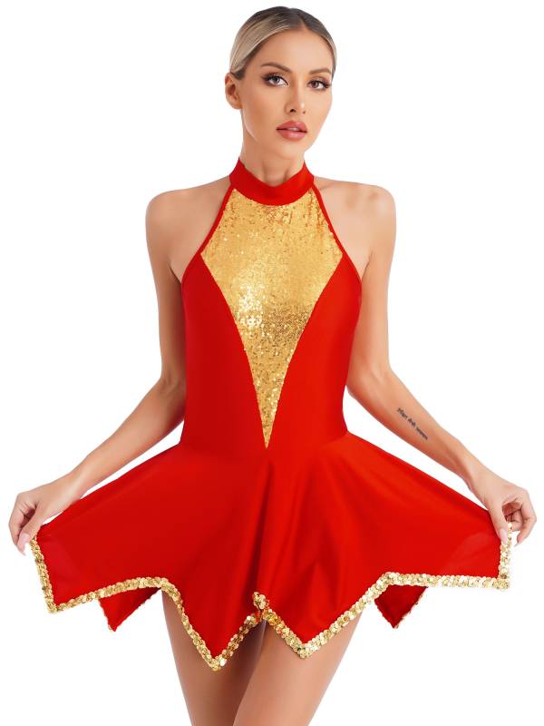 Women Sequin Halter Neck Sleeveless Latin Dance Leotard Dress thumb