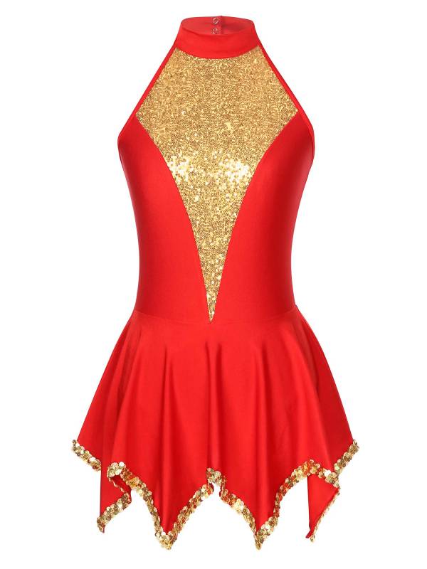 Women Sequin Halter Neck Sleeveless Latin Dance Leotard Dress thumb