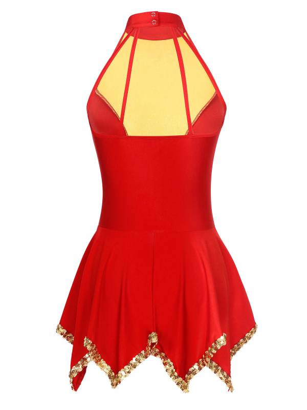 Women Sequin Halter Neck Sleeveless Latin Dance Leotard Dress thumb