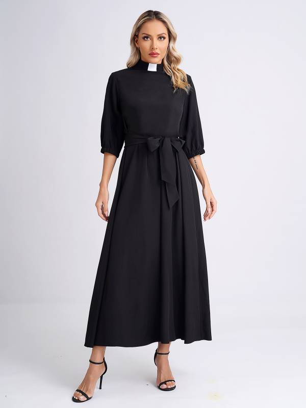 Women Mock Neck 3/4 Sleeve Solid Color Maxi Dress with Belt thumb