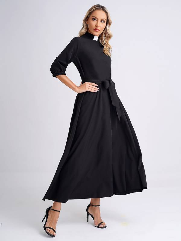 Women Mock Neck 3/4 Sleeve Solid Color Maxi Dress with Belt thumb