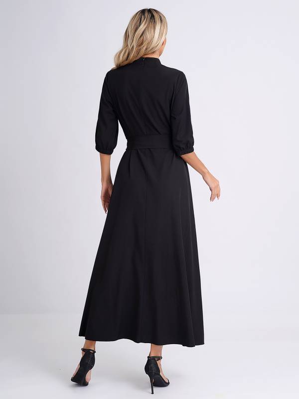 Women Mock Neck 3/4 Sleeve Solid Color Maxi Dress with Belt thumb