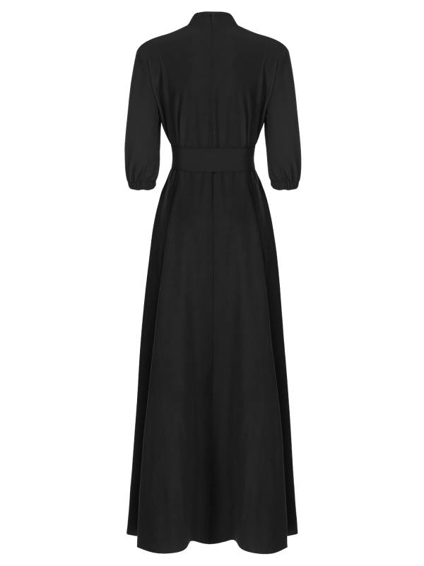 Women Mock Neck 3/4 Sleeve Solid Color Maxi Dress with Belt thumb