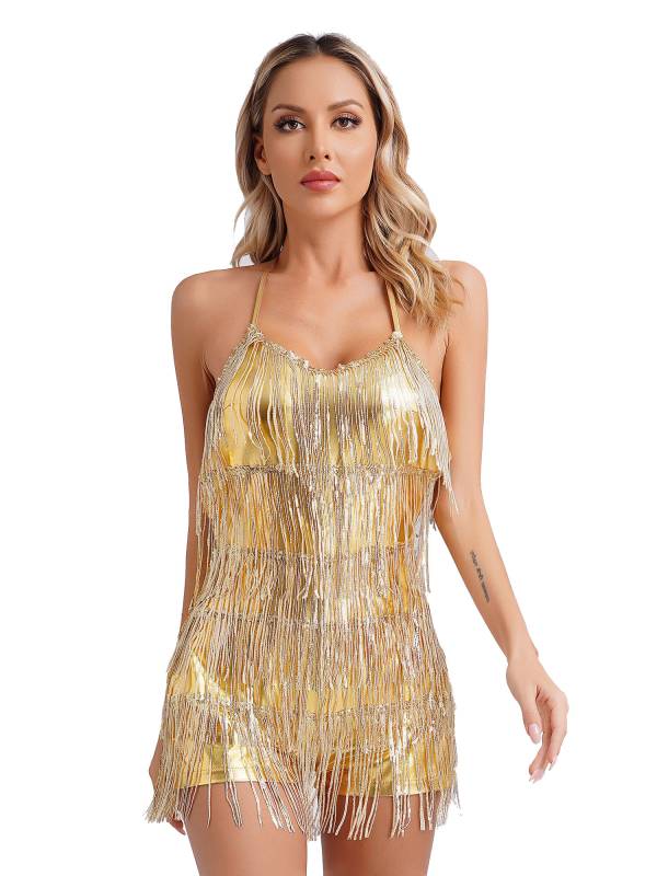 Women Sequin Halter Neck Backless Tassel Romper for Latin Dance Cocktail thumb