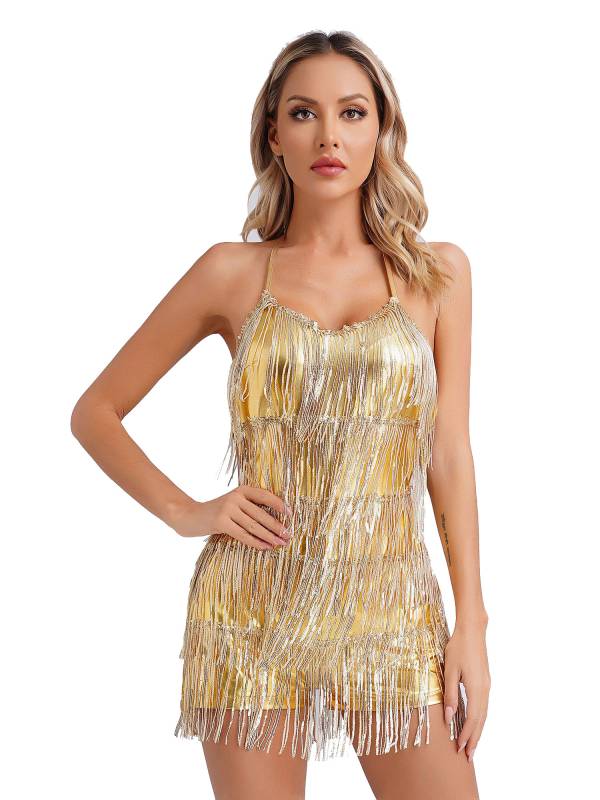 Women Sequin Halter Neck Backless Tassel Romper for Latin Dance Cocktail thumb