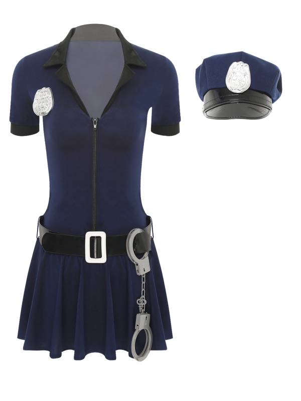 Women 4pcs Halloween Policewoman Cosplay Zip Dress with Hat Belt Manacles thumb