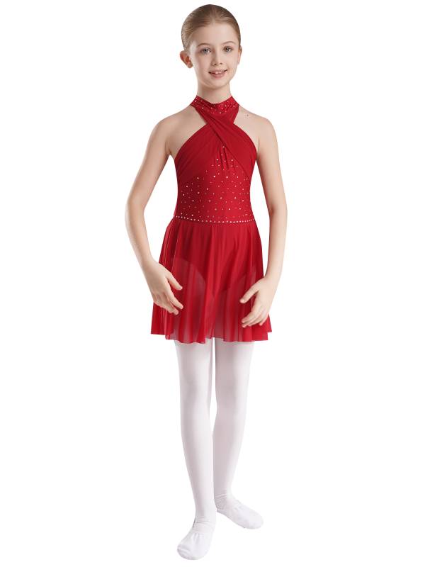 Kids Girls Halter Neck Sleeveless Rhinestones Mesh Skating Leotard Dress thumb