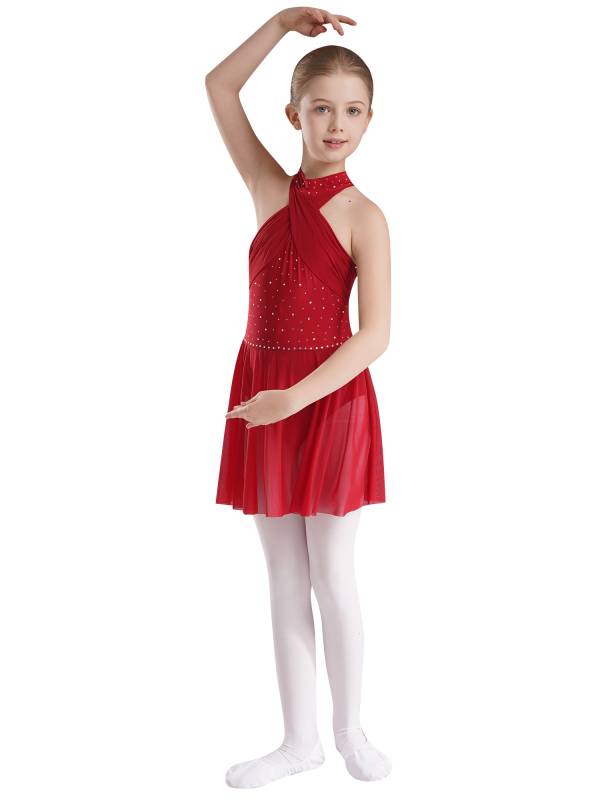 Kids Girls Halter Neck Sleeveless Rhinestones Mesh Skating Leotard Dress thumb