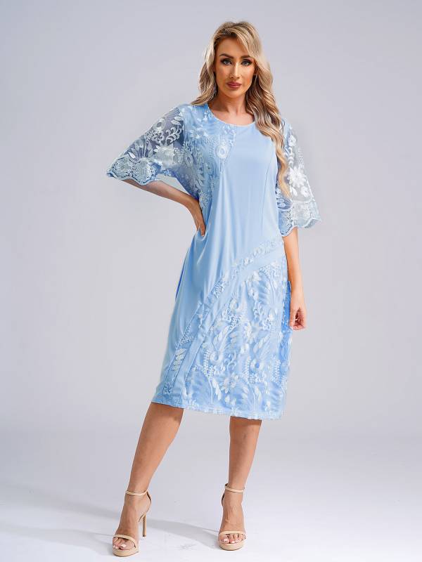 Women Plus Size Embroidery Round Neck Short Sleeve Tea Length Cocktail Dress thumb