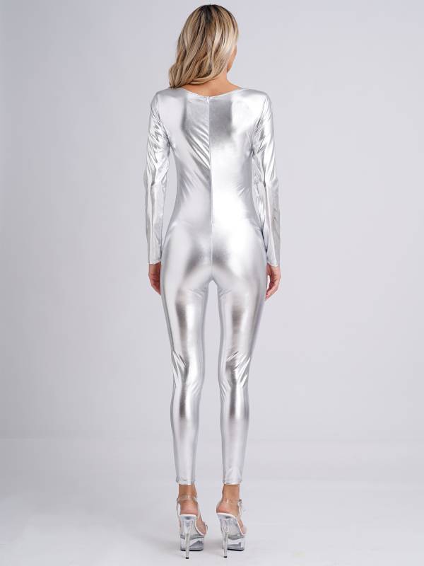 Women Long Sleeve Metallic Slim Fit Full Body Jumpsuit thumb